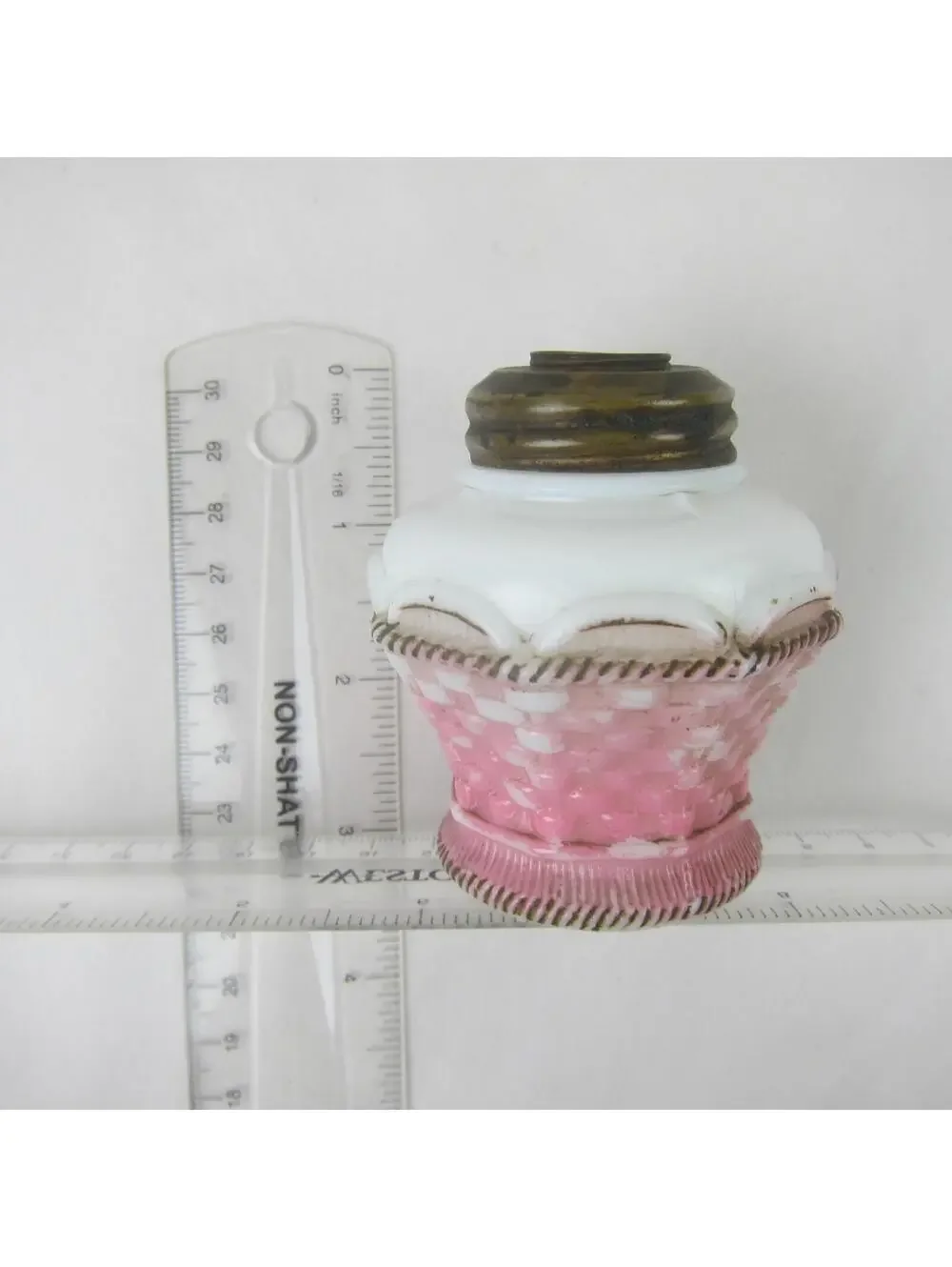 Antique Miniature Oil Lamp Base Pink & White Milk Glass Basket Weave 3